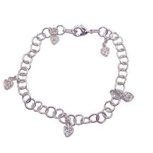 Dainty Silver link chain rhinestone heart charm bracelet